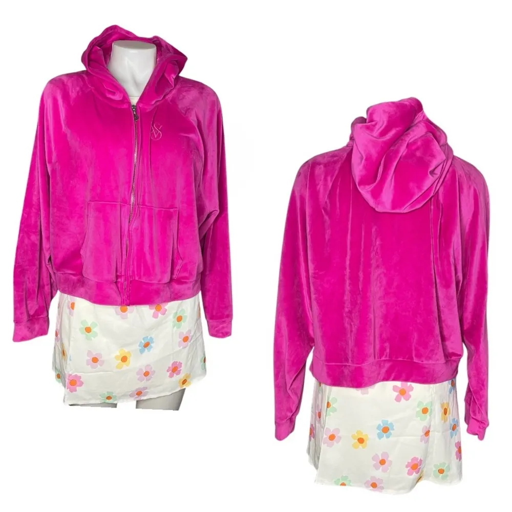 VICTORIAS SECRET Pink Fuchsia Hoodie Velour Full Zip Jacket Size XL - Image 9