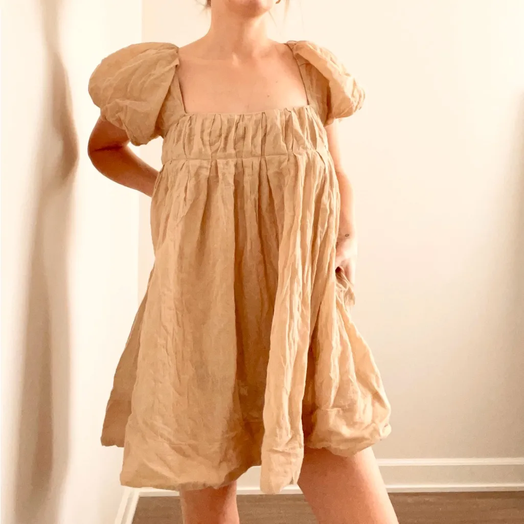 Free People Marina Puff Sleeve Tan Open Back Mini Dress - Image 3