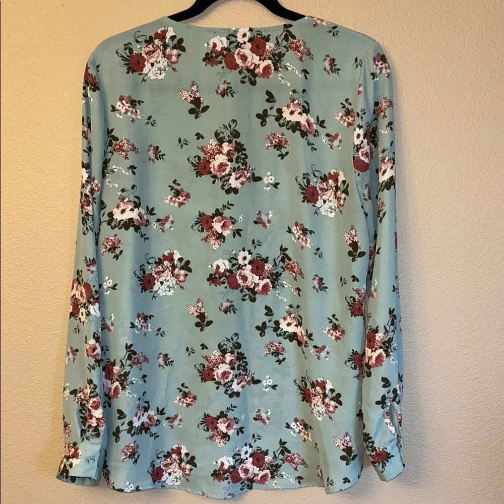 LARGE Multicolored Floral V-Neck Long Sleeve Peasant Blouse Aqua - Image 3