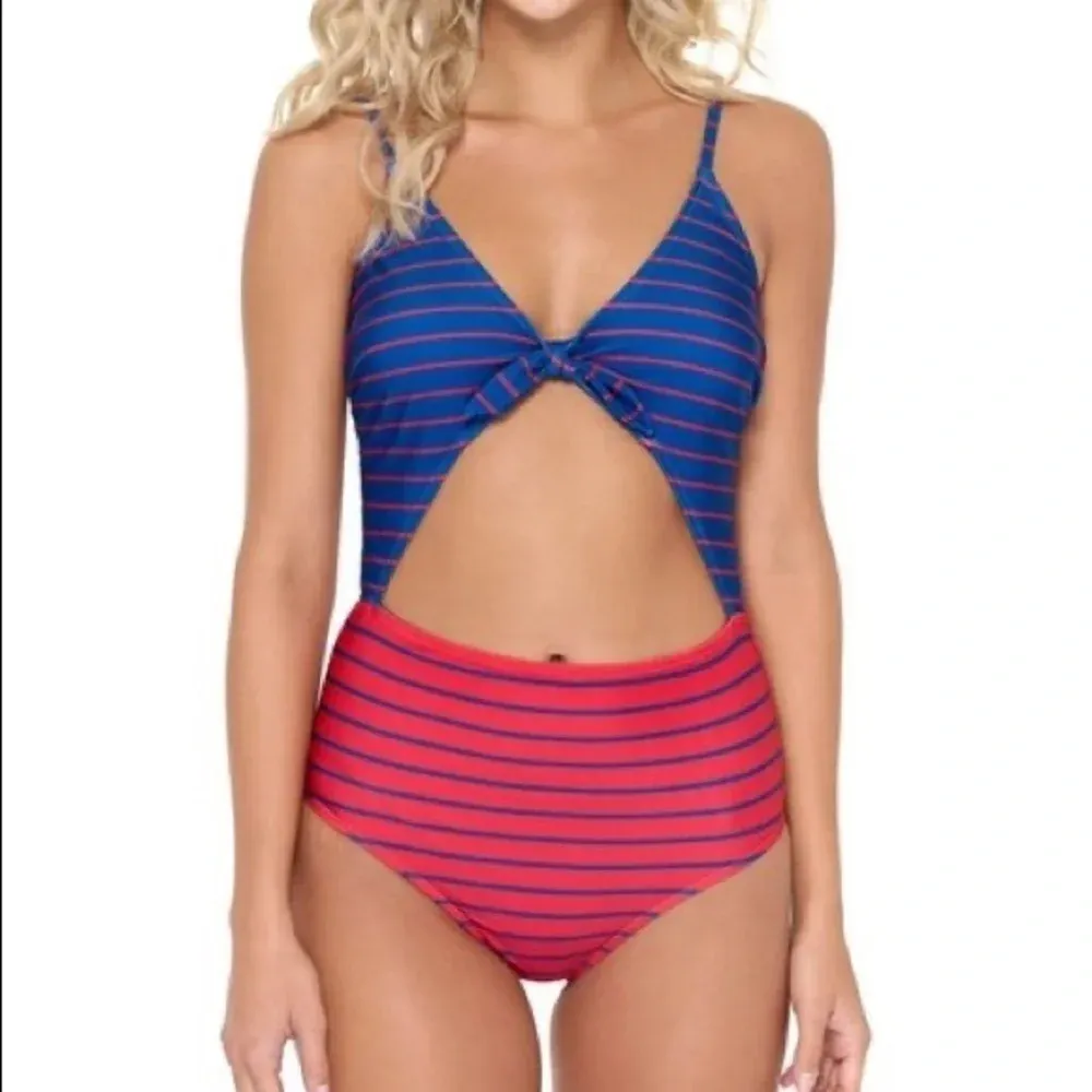 HOT WATER Fiesta Red & French Blue‎ Stripe High-Waist Monokini XL - Image 3