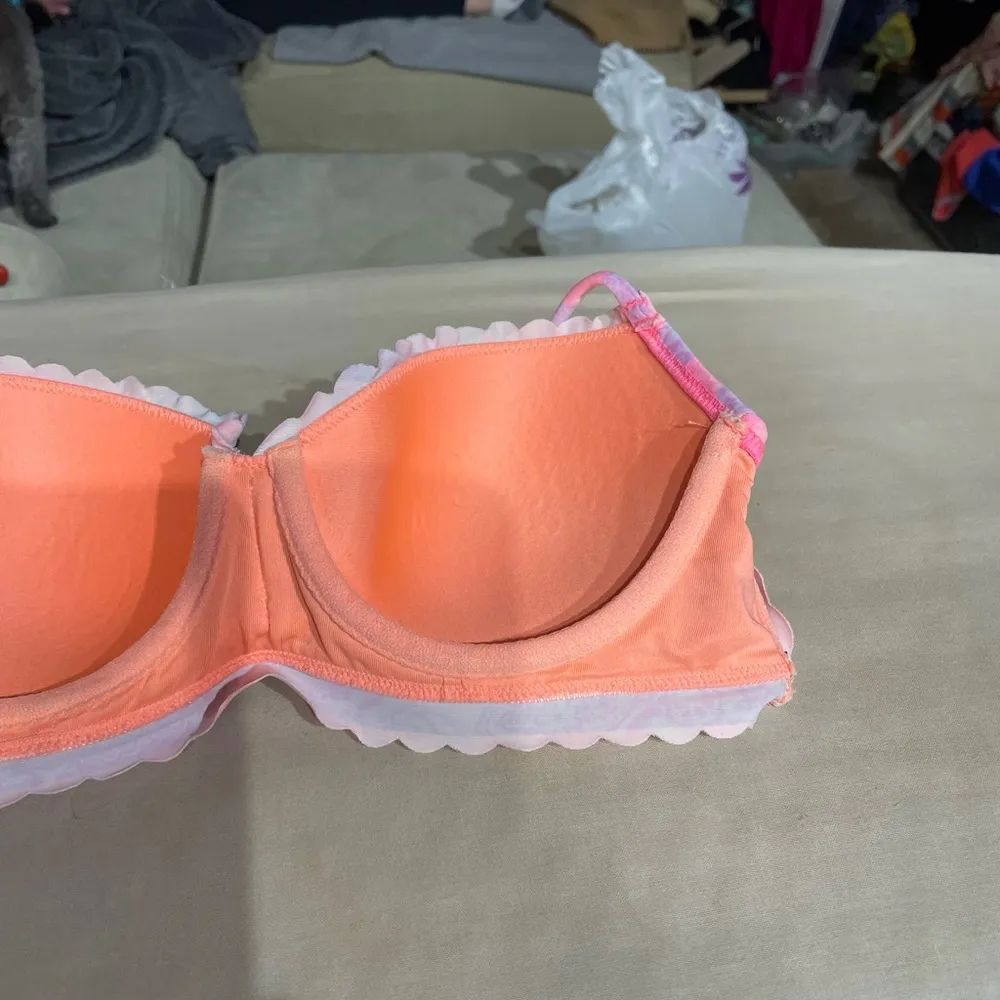 Victoria's Secret Striped Pastel Pink Peach Ruffle Halter Bra 34B Y2K - Image 14