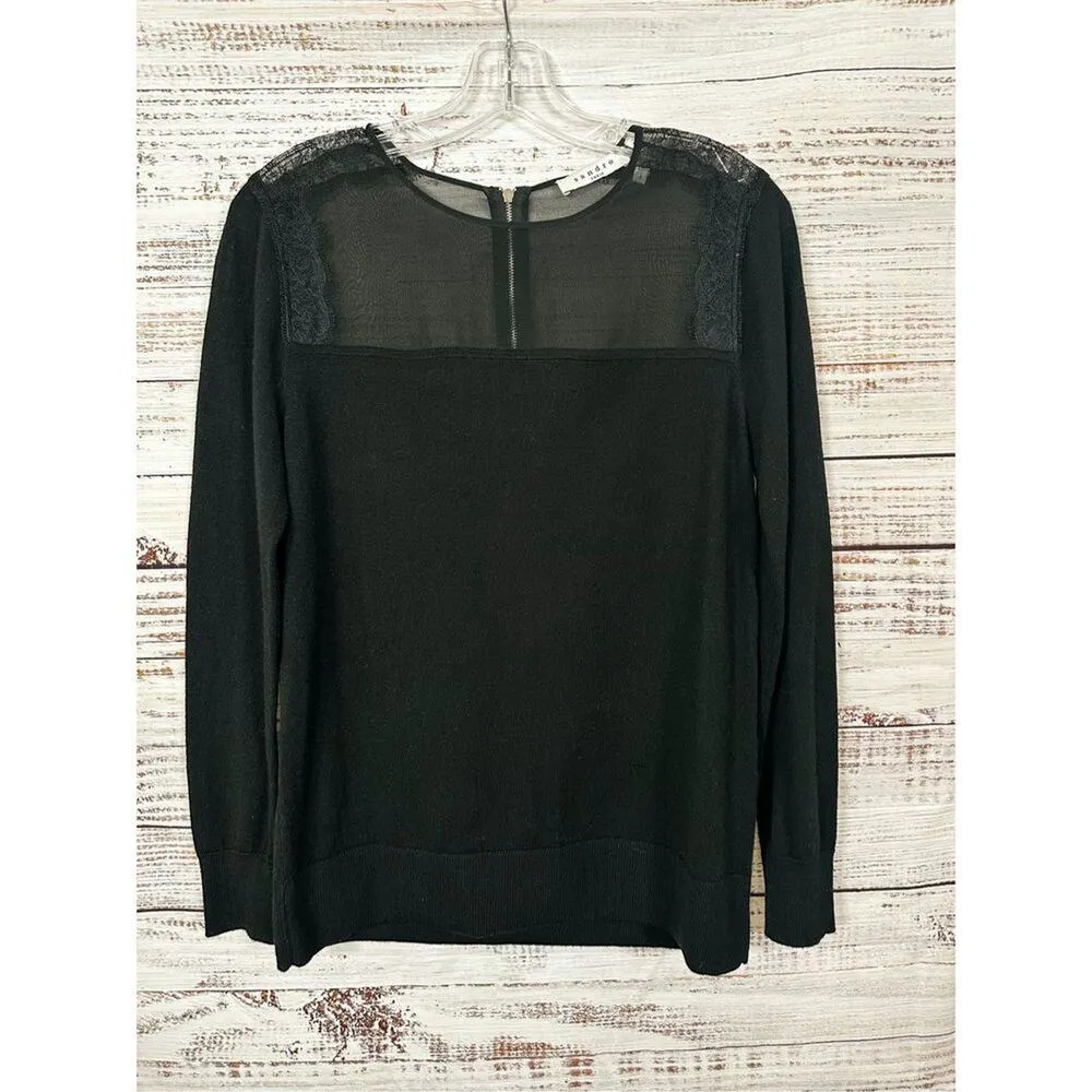 Sandro Paris Womens Wool Cashmere Long Sleeve Lace Accent Blouse Black 1 Small - Image 4