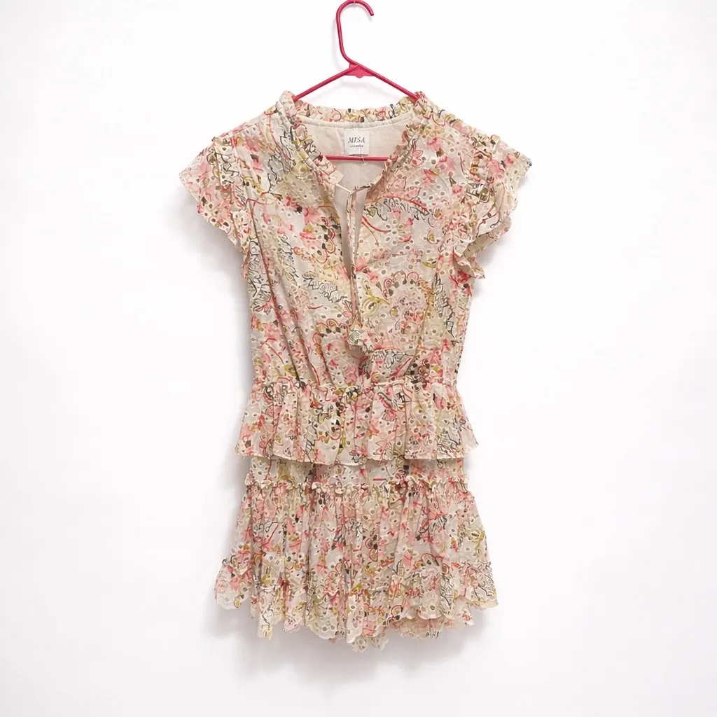MISA Los Angeles Embroidered Eyelet Ruffle Tiered Dress Pink Floral Medium - Image 2