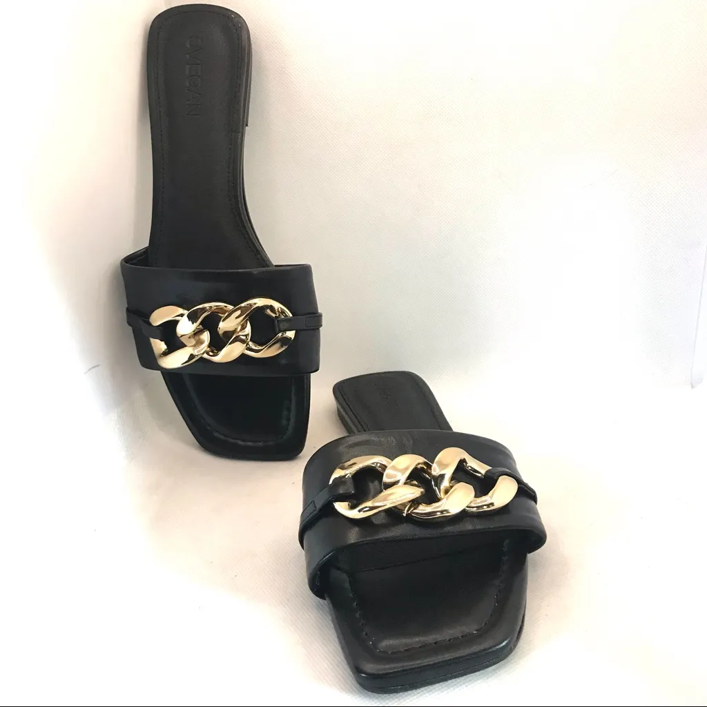 SVEGAN BLACK VEGAN LEATHER WITH GOLD CHAIN SLIDE FLATS MADE IN SPAIN (39) Size 8 - Image 10