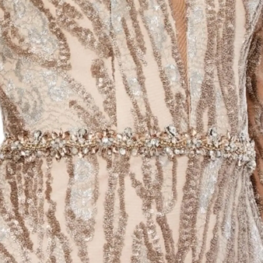 Mac‎ Duggal Embellished Long Sleeve Plunge Neck Gown Gold Taupe 16 79358 - Image 4