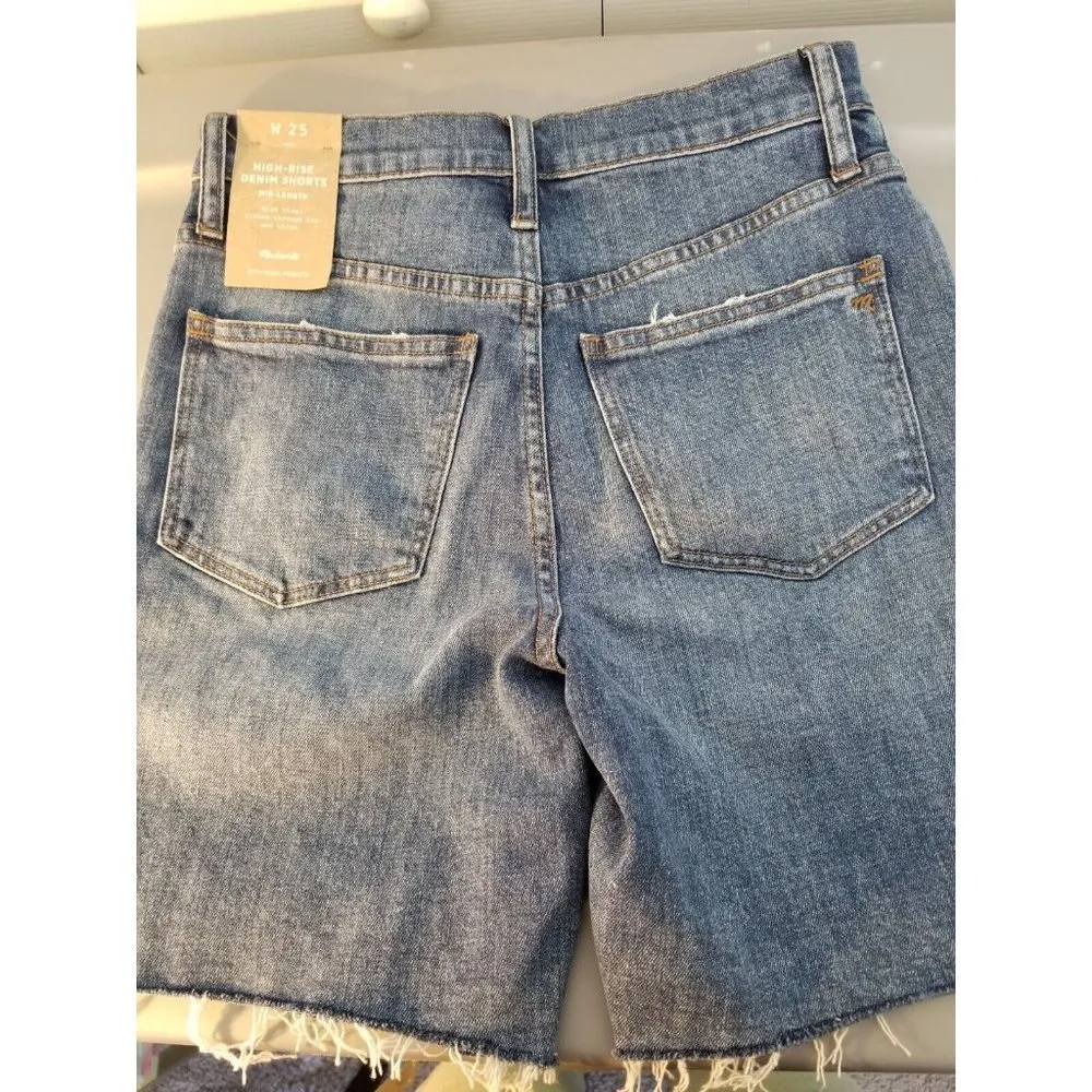 MADEWELL High-Rise Mid-Length Blue Denim Shorts Cut Off Distressed Womens Sz 25 - Image 2