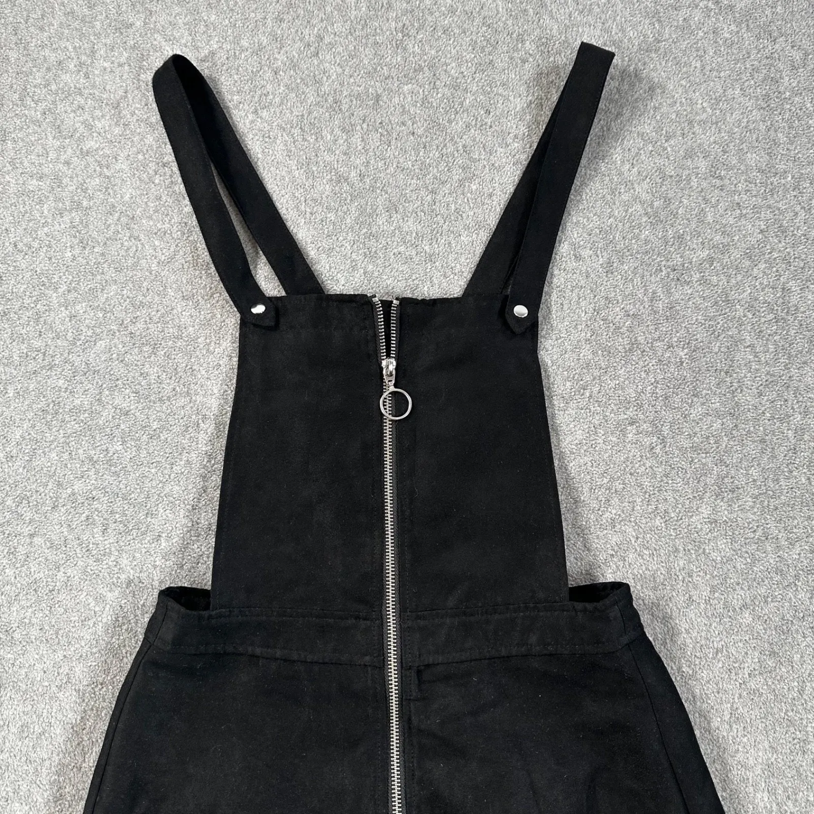 H&M Divided Black Faux Suede Zip Up Overall Mini Dress Size 4 Adjustable Strap - Image 2