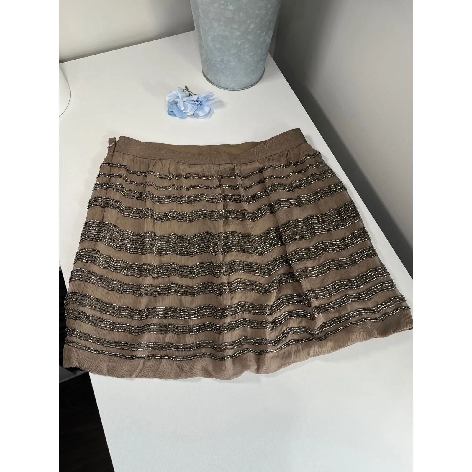 Club Monaco Beaded Skirt Brown Silk Women's Size 4 Tiered Ruffle Style 00301725 - Image 2