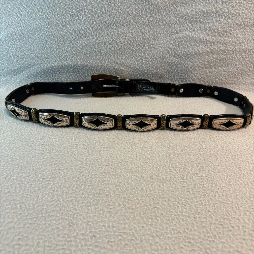 Brighton Concho Belt Unisex Black Western Silver Gold-tone Metal Conchos L34 Vtg - Image 2