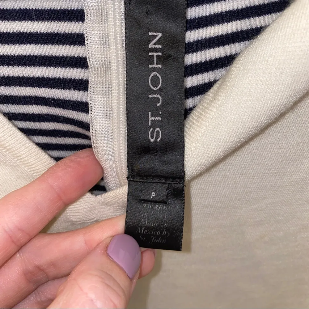 Vintage St. John Cream Black Striped Sleeve Wool-Blend Sweater Small Flawed - Image 3