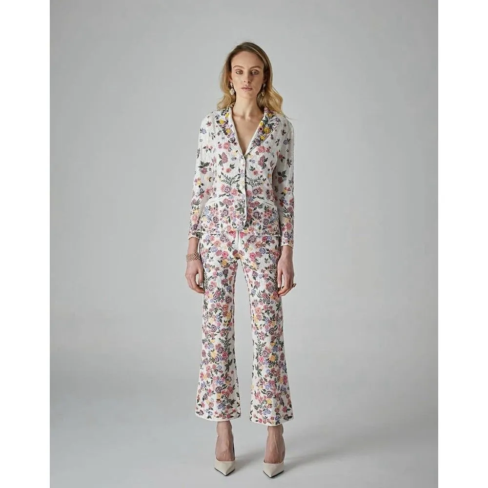 La Fuori‎ Elenore Garden Floral Flare Pants Sz S Embroidered 100% Silk Anthro - Image 2