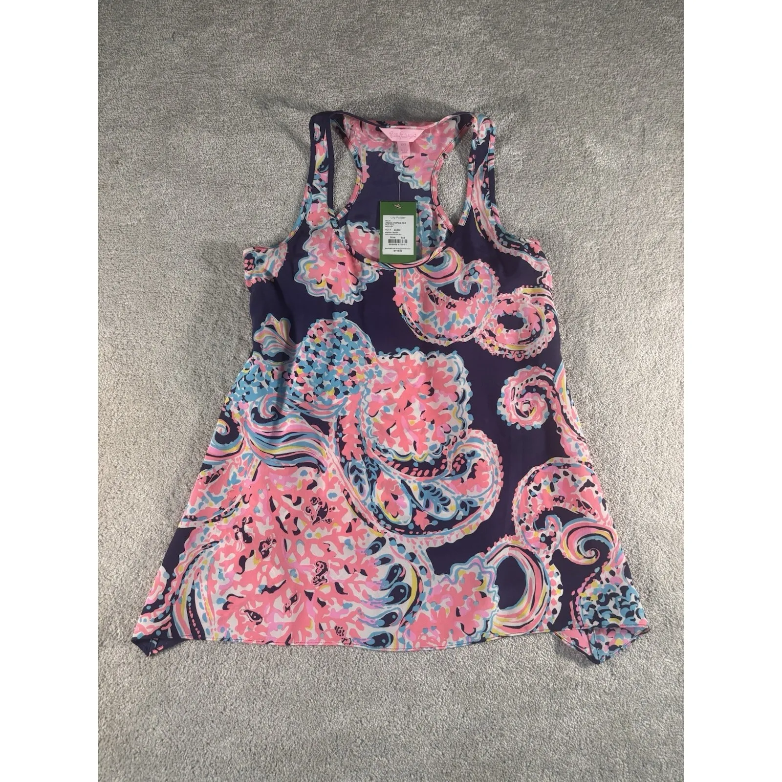 Lilly Pulitzer‎  Silk Malie Tank Size XXS Racerback For the Halibut Navy Paisley - Image 4