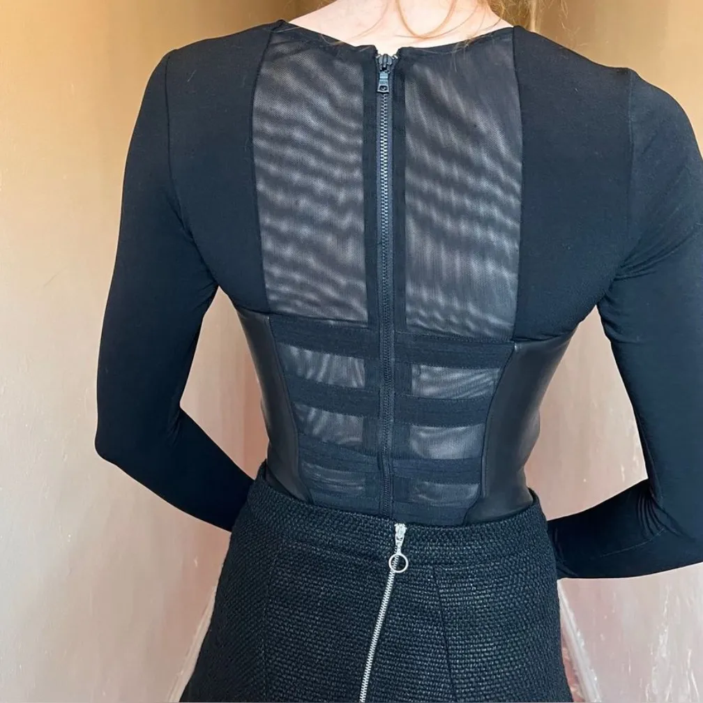 NWT ALICE + OLIVIA Black Bustier Lali Leather Trim Long Sleeve crop top 0 - Image 2