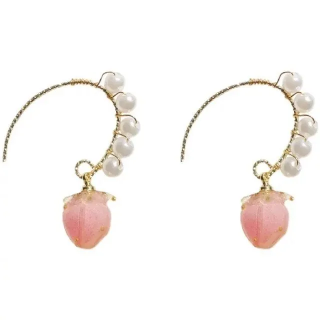 Pink Strawberry Pearl Drop Earrings Kawaii Arc Hook‎ Design Cute Gift NEW - Image 3