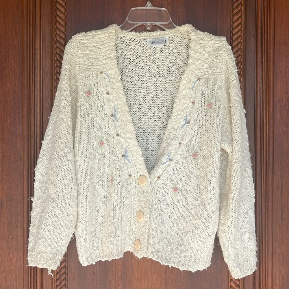 Vintage Sweater Beige Cardigan Womens M Button Up - Image 4
