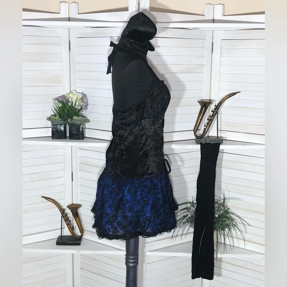 Midnight Vamp Halloween Costume Royal Blue Black Lace Mini Dress with collar M Size undefined - Image 5