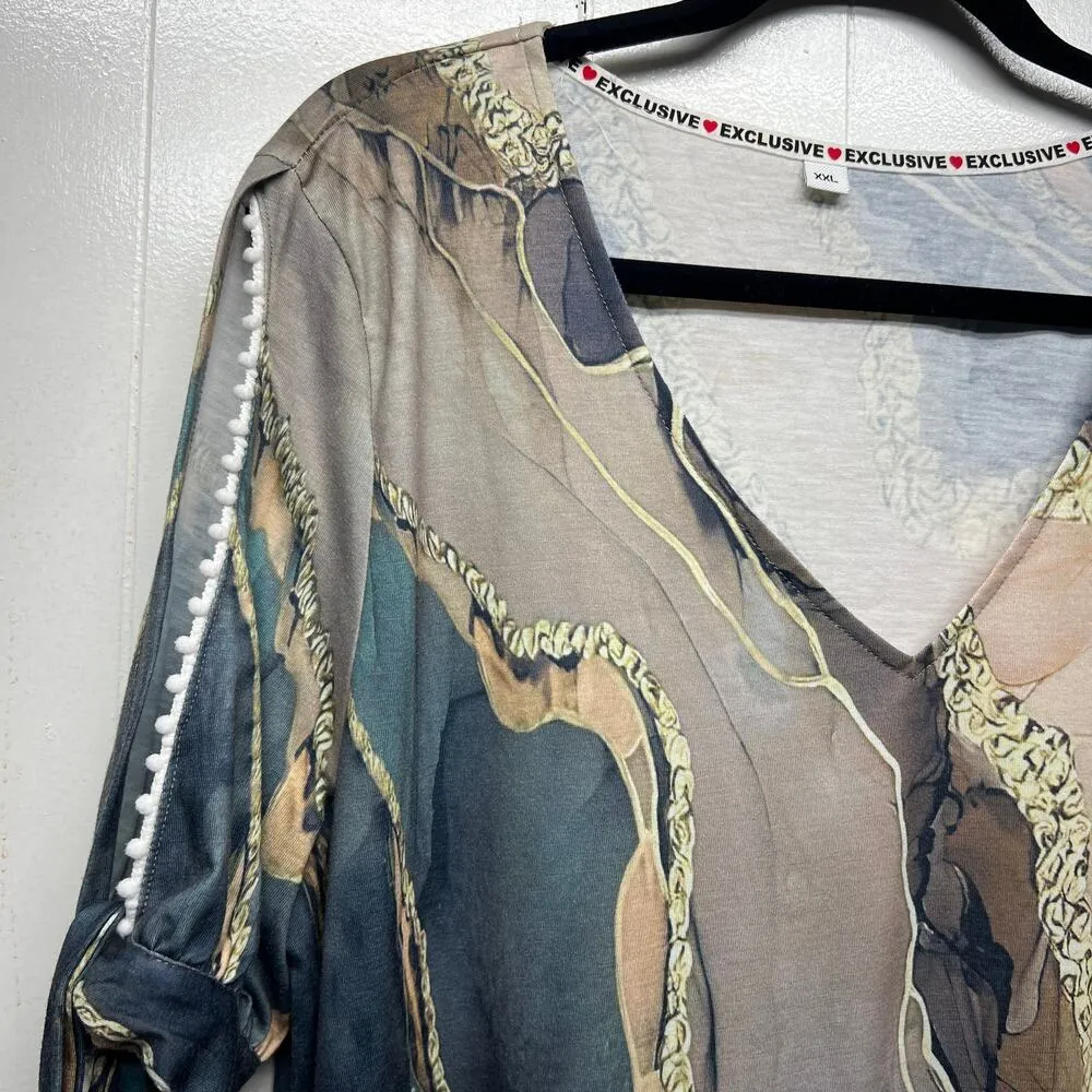 Water Print Tunic Dress XXL Art to Wear Stretch Pullover Casual Boho Novelty Blue Size L - Image 7