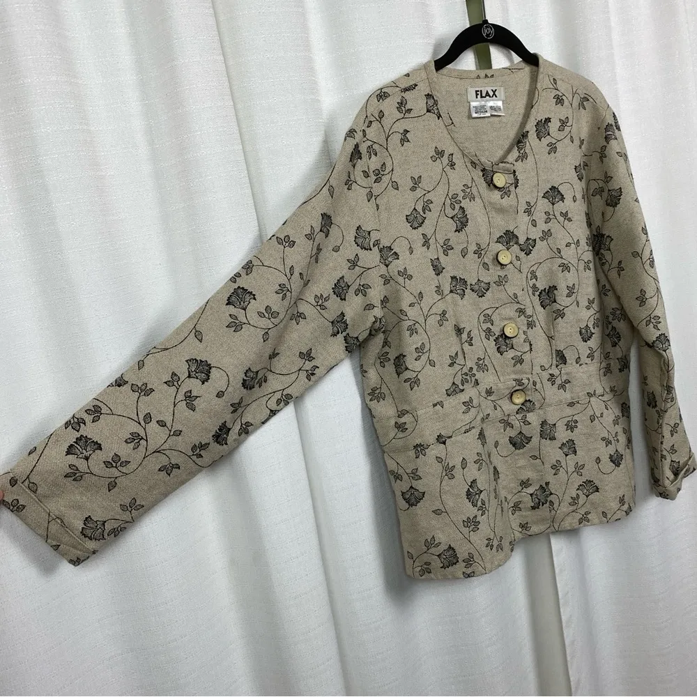 FLAX Beige&Black Floral Linen&Cotton Blazer Jacket Sz.M - Image 5