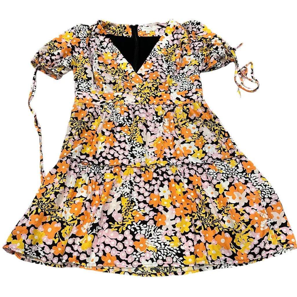 Ted Baker Short Puff Tie Sleeve Black Yellow Orange Floral vneck Print Dress - Image 3