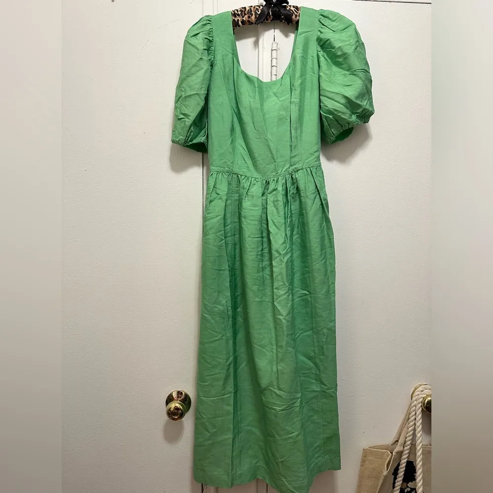 & Other Stories Green Silk Puff Sleeve Tie Back Voluminous Midi Dress Size 6 NWT - Image 4