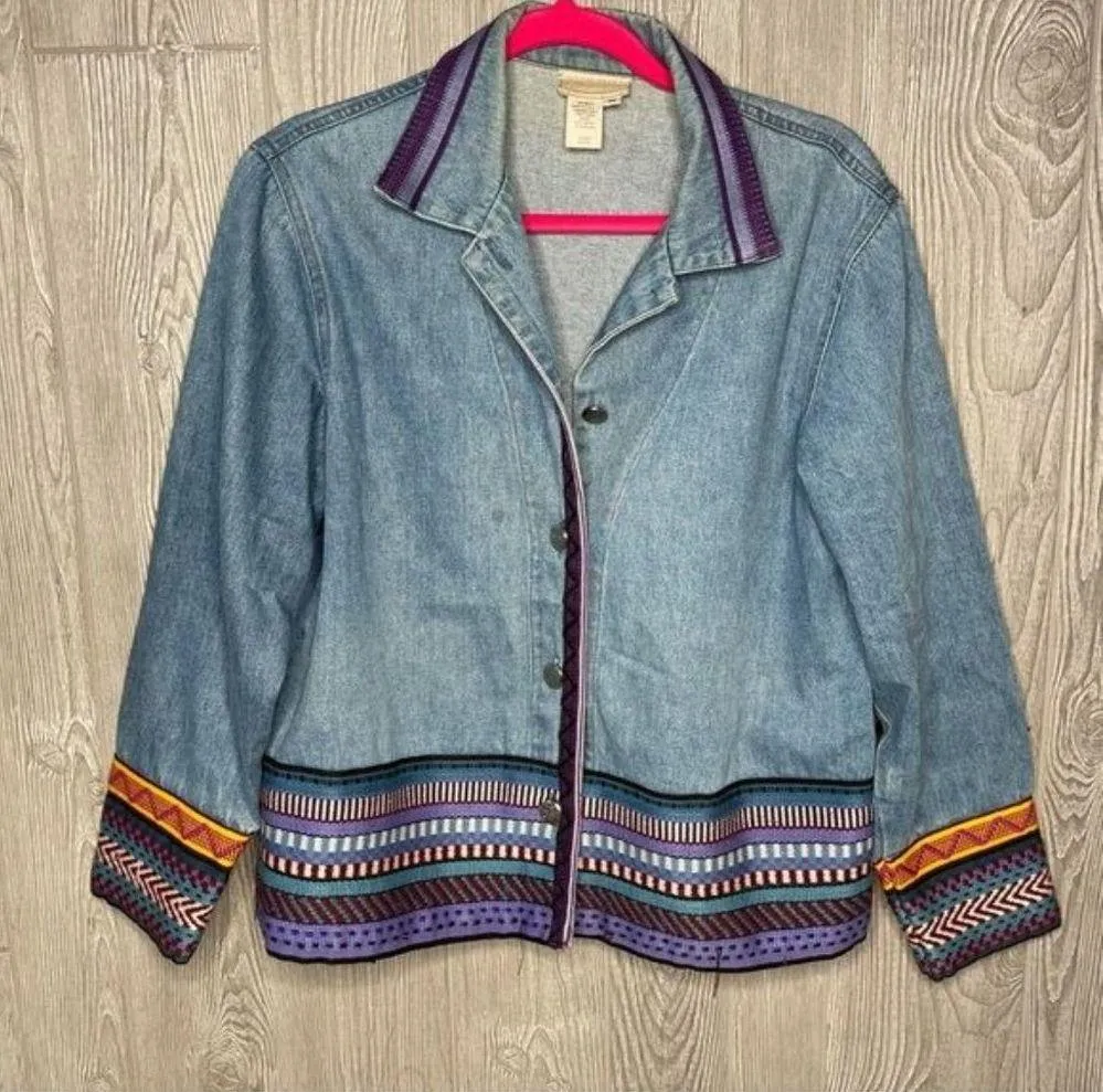 Vintage cold water creek Denim Jean jacket cotton embroidered Aztec hem designs - Image 5