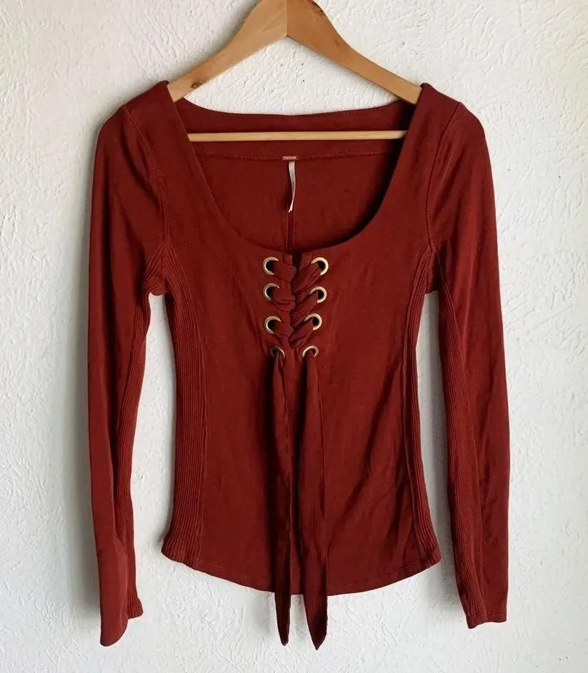 Free People Lace-Up Top Rust Sz Small - Image 2