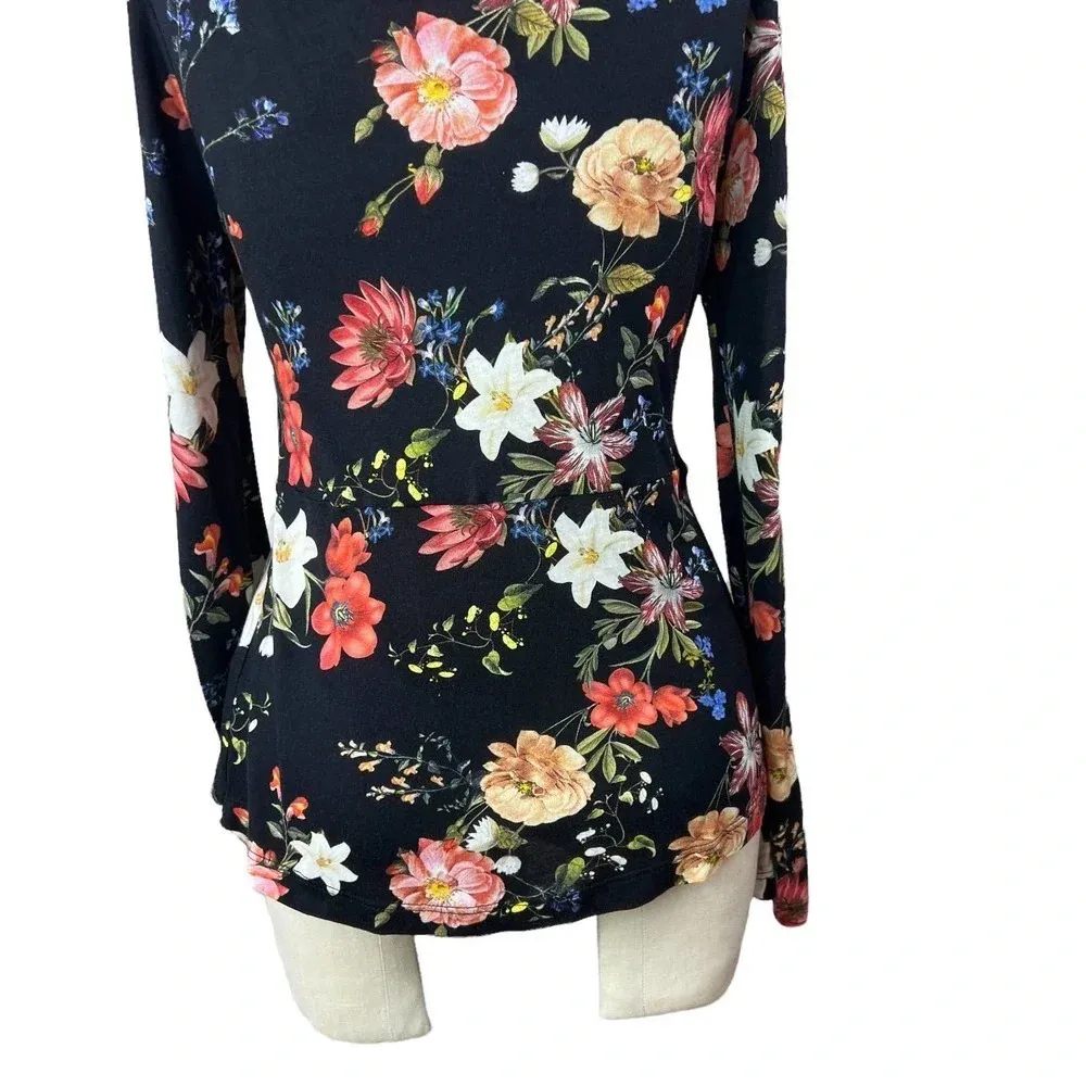 Anthropologie Farm Rio Top Blouse Long Sleeve Jersey‎ Floral Print Black Size XS - Image 10