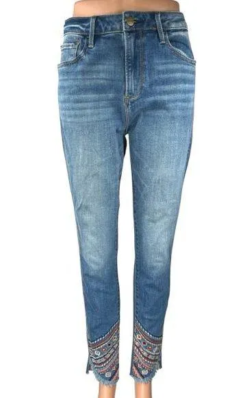 Driftwood Jackie High Rise Blue Embroidered Tribal Boho Skinny Denim Jeans 28 - Image 1