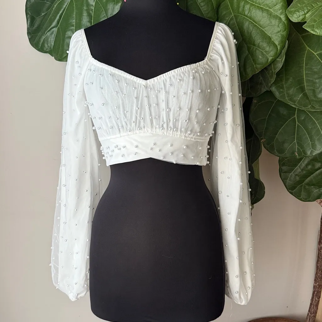 Windsor White Pearl Long Sleeve Breezy And Chic Sheer Crop Top - Image 4