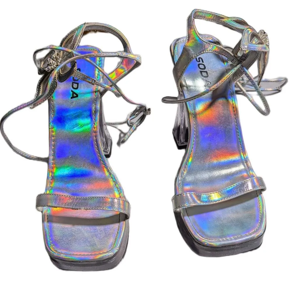 Vtg Y2K Soda Silver Holographic Flower Applique Chunky Clear Heel Sandals Sz 8.5 - Image 2
