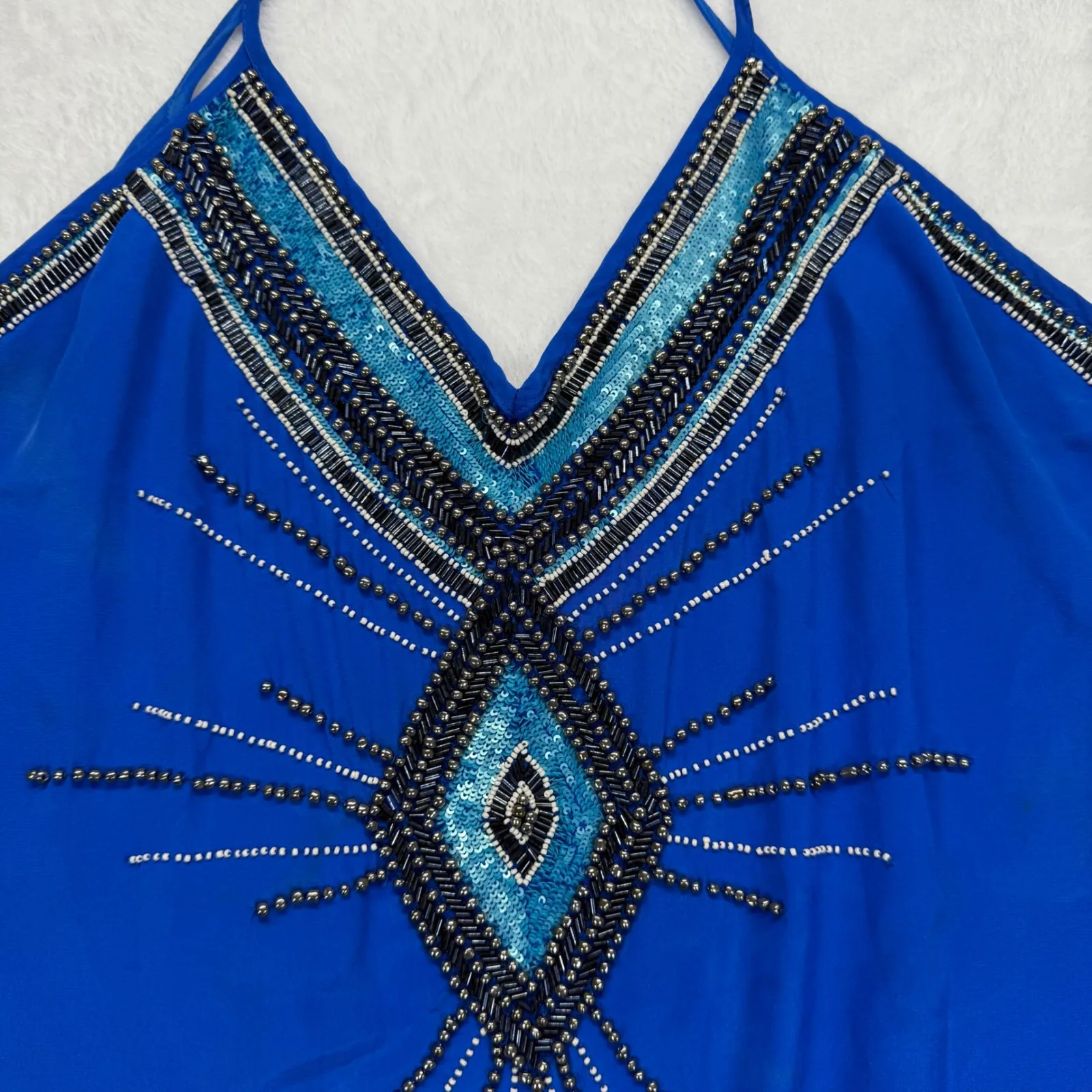 Haute Hippie Silk Beaded‎ Dress Halter Sleeveless Blue Party Dress L - Image 2