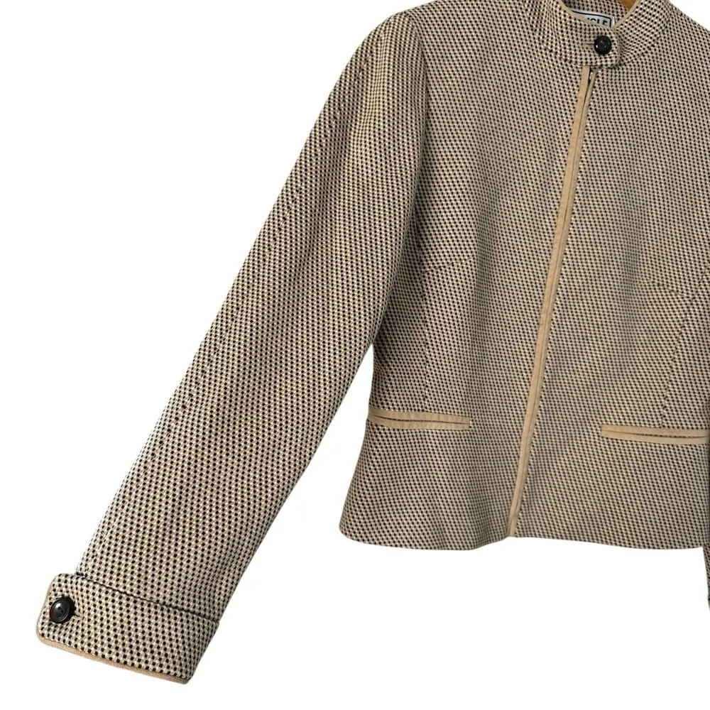 Carlisle Vintage 90s Woven Wool Blazer Jacket Tan Black High Collar Zip Up, Sz 4 - Image 6