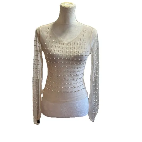 Pearl Rhinestone Sheer Mesh Crop Top Sz S Y2K Style Fairycore Glam Rave - Image 2