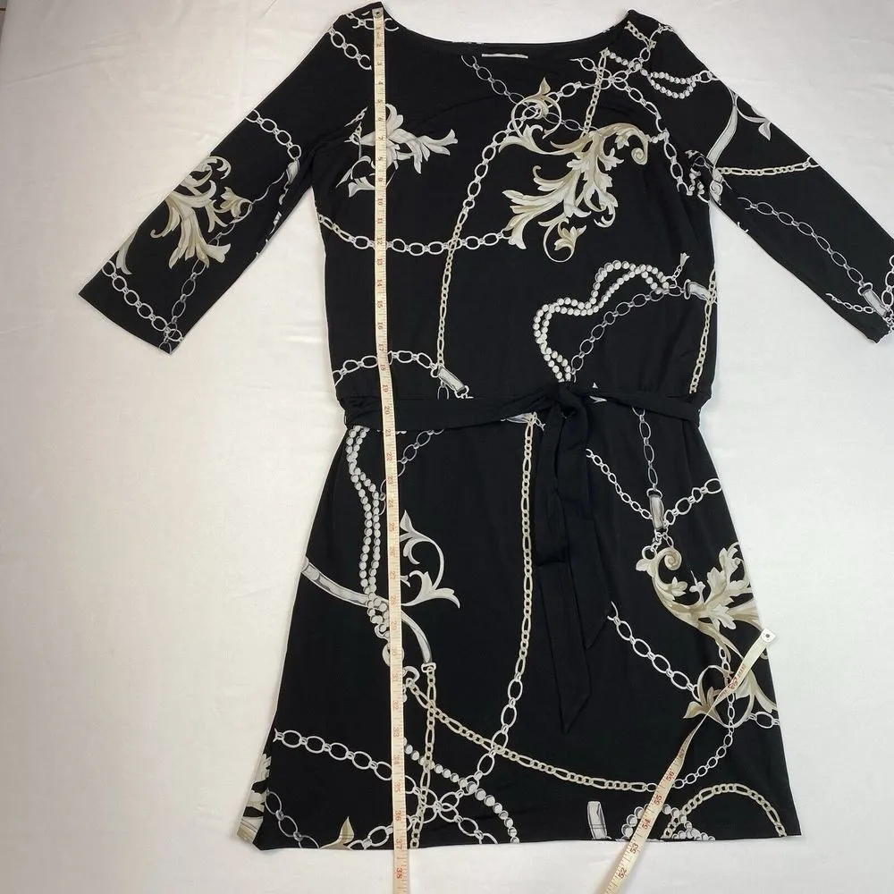 White House Black Market Knee Length Blouson Dress Chain Pearl Print Size Medium - Image 9