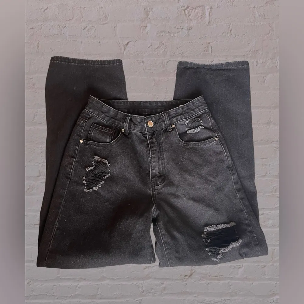 SHEIN EZwear High Waist Ripped Straight Leg Jeans Size XS (2) Black Denim - Image 5