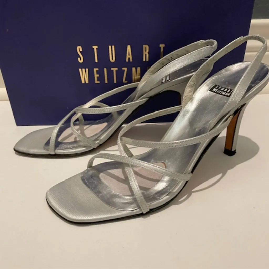 Stuart Weitzman Strappy Silver Metallic Fabric Dress Heels - Image 2