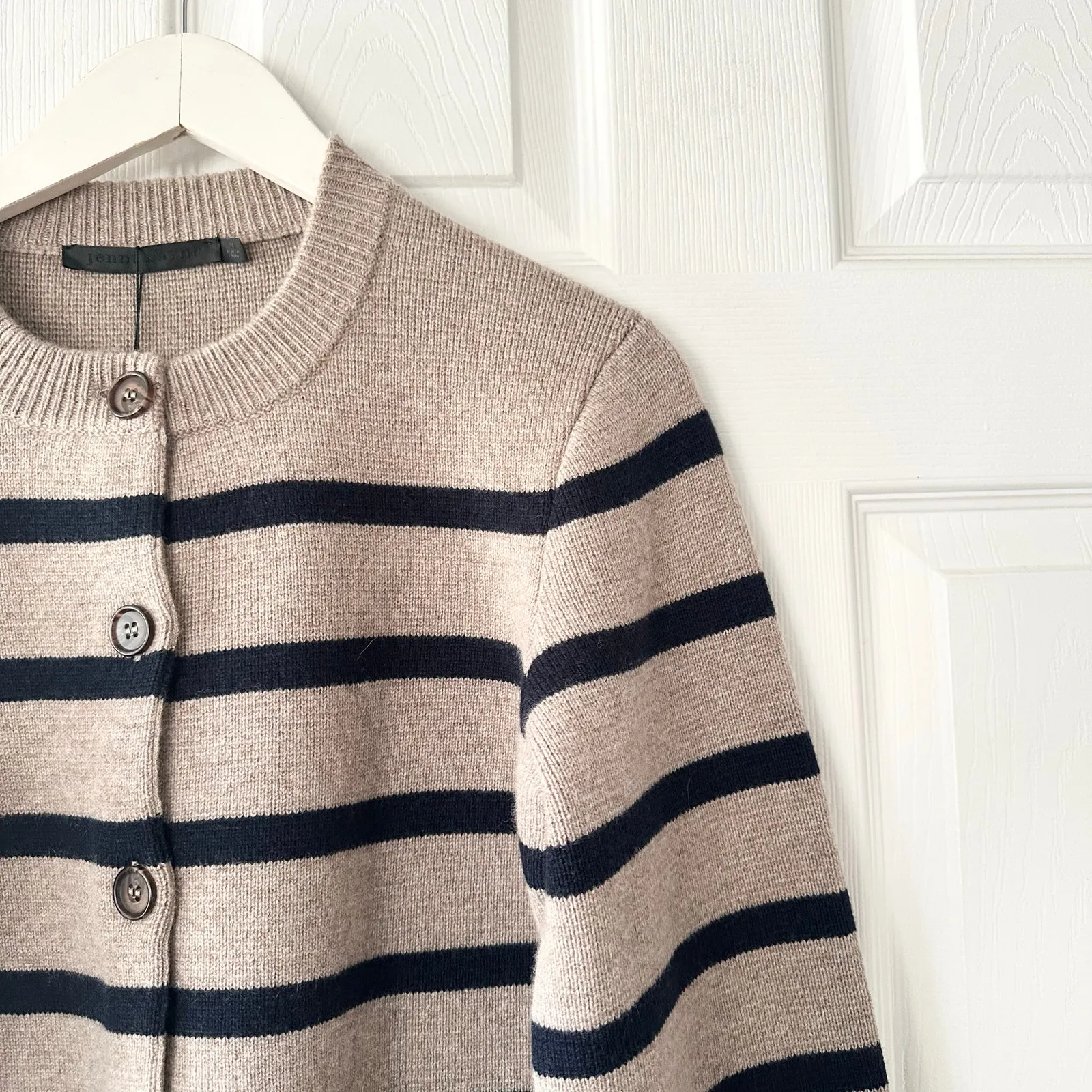 Jenni Kayne NWT Cooper Cardigan Taupe Navy Blue Stripe Wool Cashmere Medium - Image 7