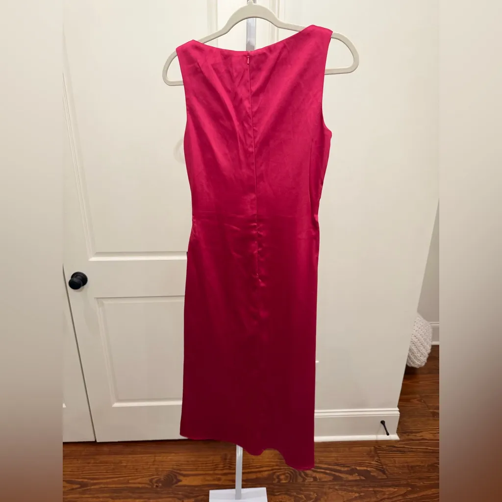 MAC DUGGAL 26625 SATIN RUCHED V-NECK FAUX WRAP LIPSTICK PINK MIDI DRESS sz 4 - Image 11