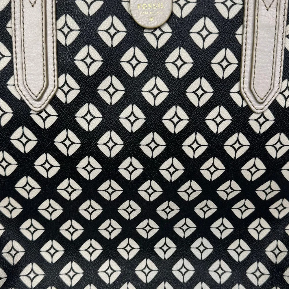 Fossil Sydney Geometric Diamond Coated Canvas Tote Bag Black/Ivory Purse Shopper - Image 3