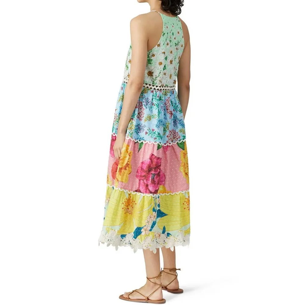 Farm Rio Mixed Floral Print Multicolor Tiered Paneled Halter Midi Dress Size M - Image 2