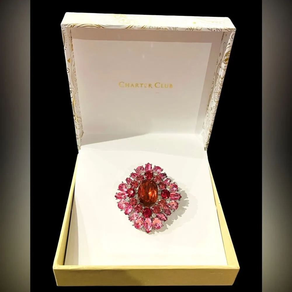 NEW Charter Club Pink Crystal BROOCH Pin 1-7/8" Silver Rhinestone Cluster Boxed - Image 2