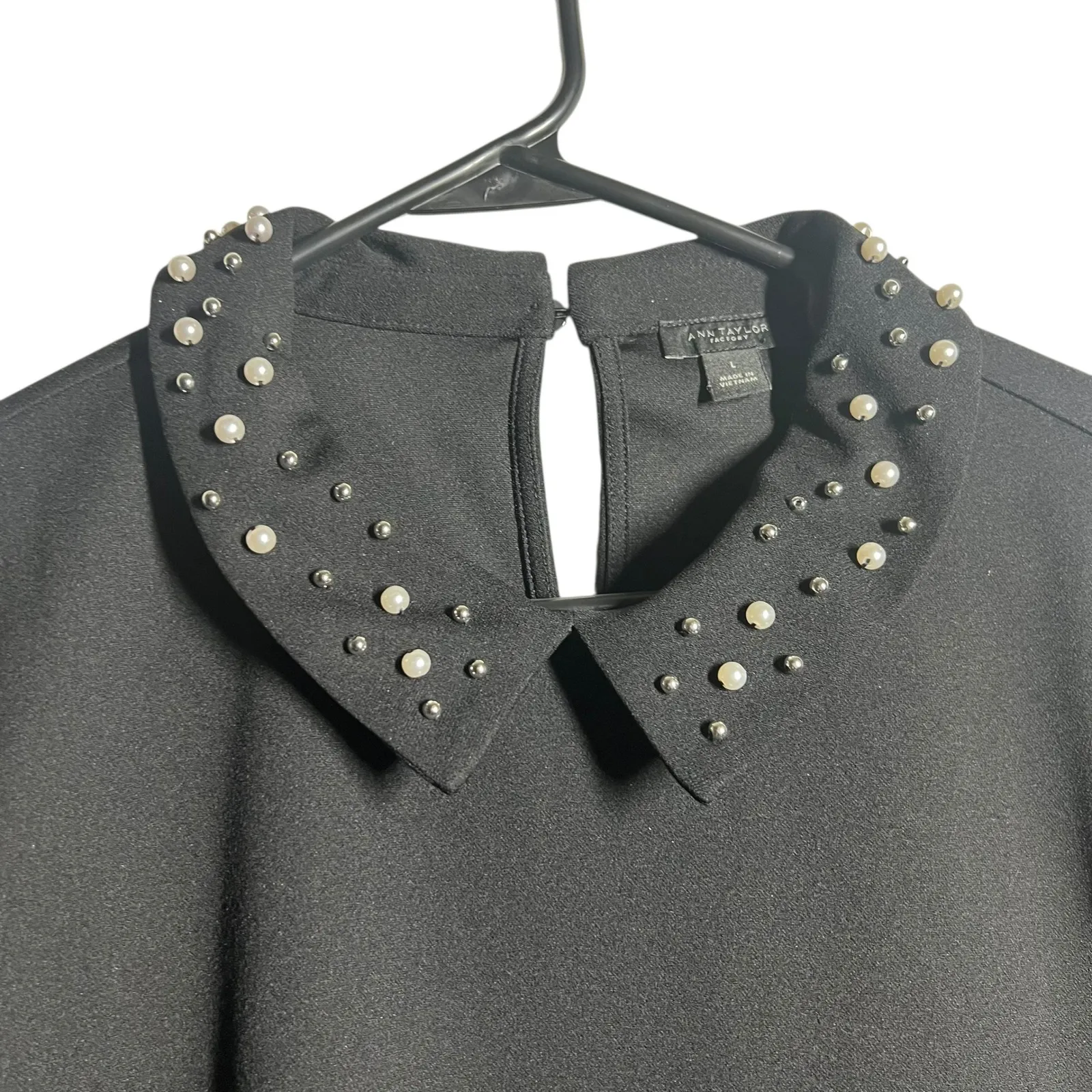 Ann Taylor Factory Black Embellished Peter Pan Collar Short Sleeve Top Size L - Image 2