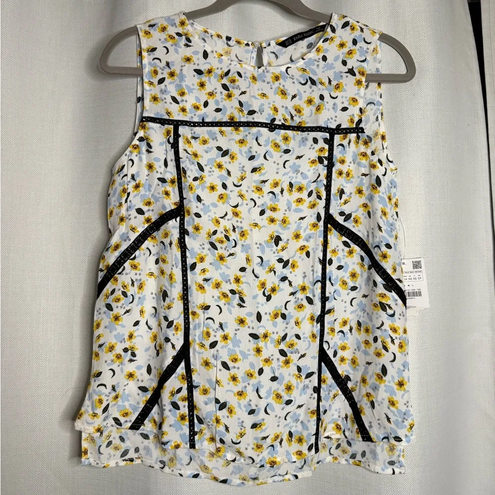 Zara White Black Lace Inset Blue and Yellow Floral Tank Top Blouse XS - Image 3