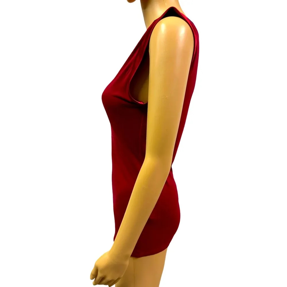 Tahari Boat Neck Multi Color Tee Satin Cap Sleeve Top Womens Small Burgundy - Image 4