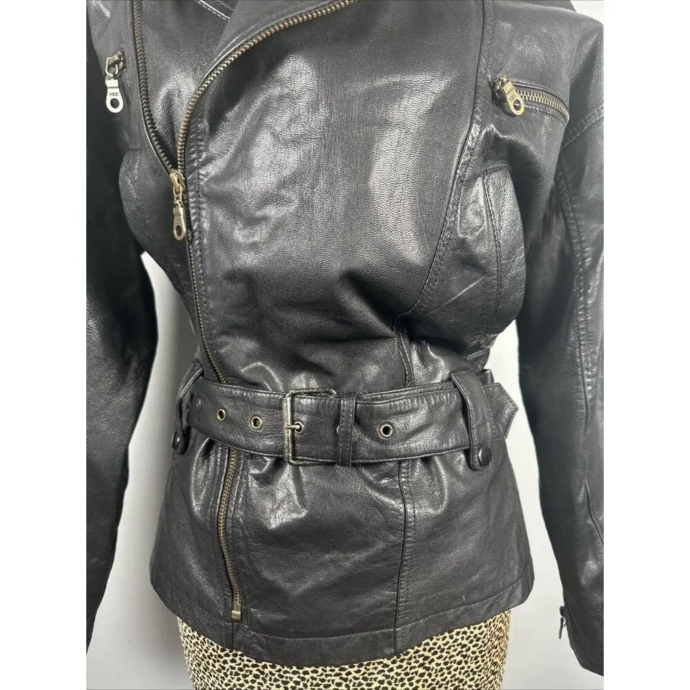 Boutique Europa Womens Leather Jacket Coat Black Moto Biker Zip Belt 90s Size undefined - Image 2