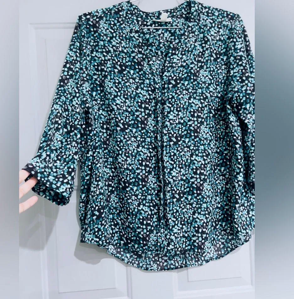 Dana Buchman Blouse Womens Size XL Black Blue Dots 3/4 Sleeve Vneck - Image 7