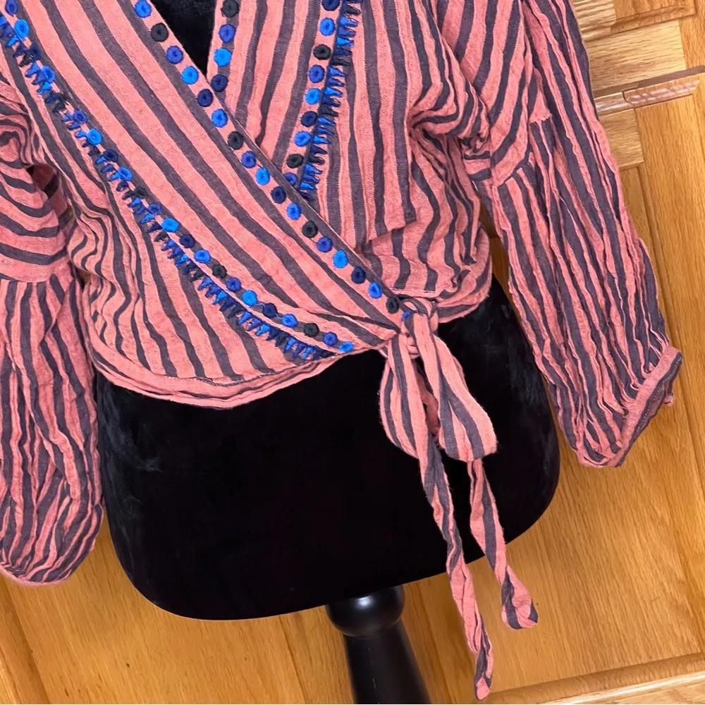 Free People Barcelona Nights Crop Wrap Top Blouse w/ Tie Gauzy Cotton Size Small - Image 9