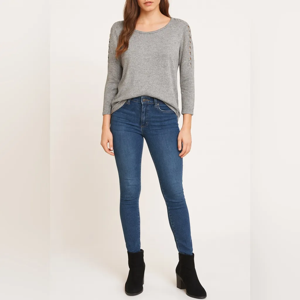 Alyx Women’s Large Gray Long Sleeve Lattice Sleeve Detail Casual Chic Top - Image 9