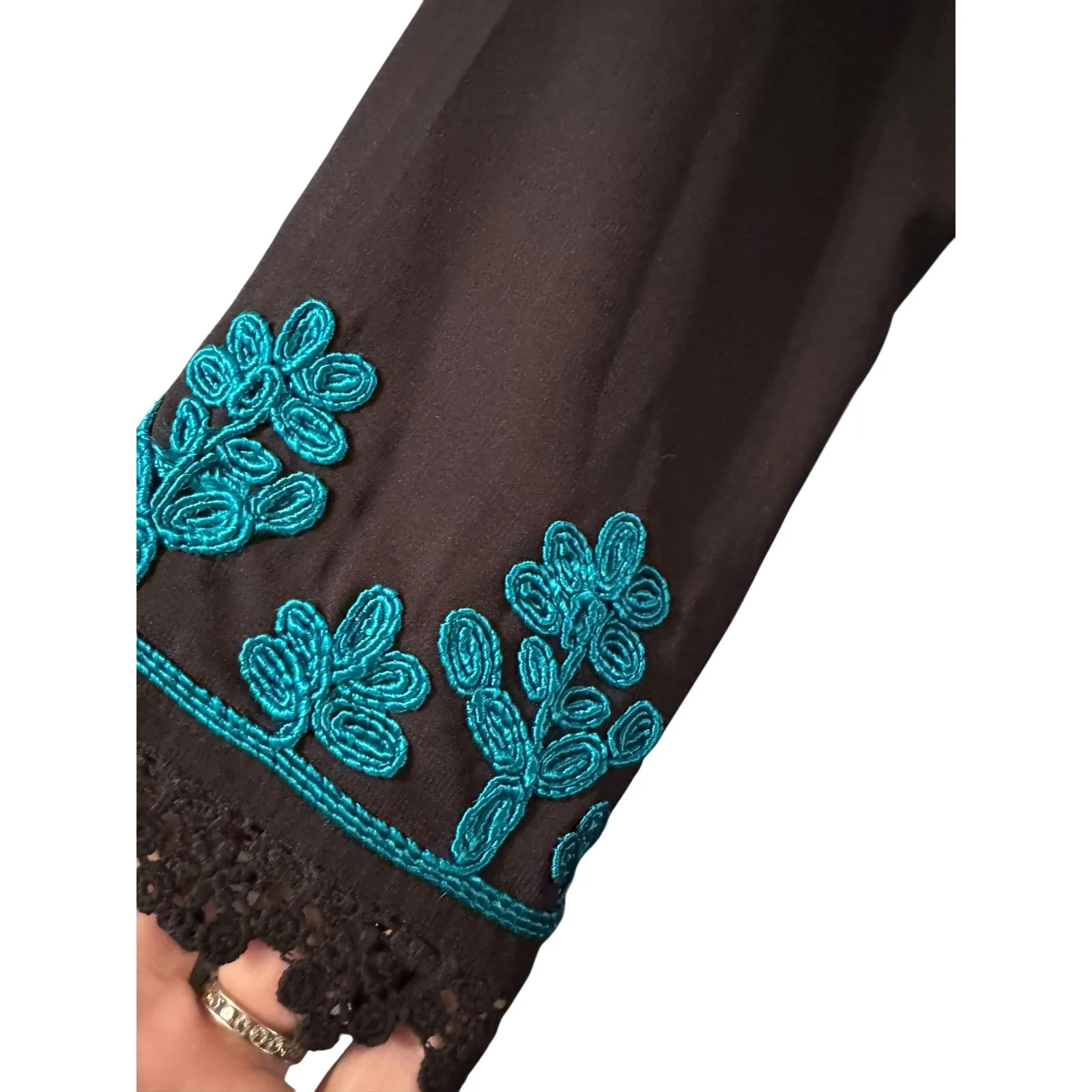 Soft Surroundings Embroidered Lace Trim Duster Jacket, Long Sleeve, Black Blue - Image 3