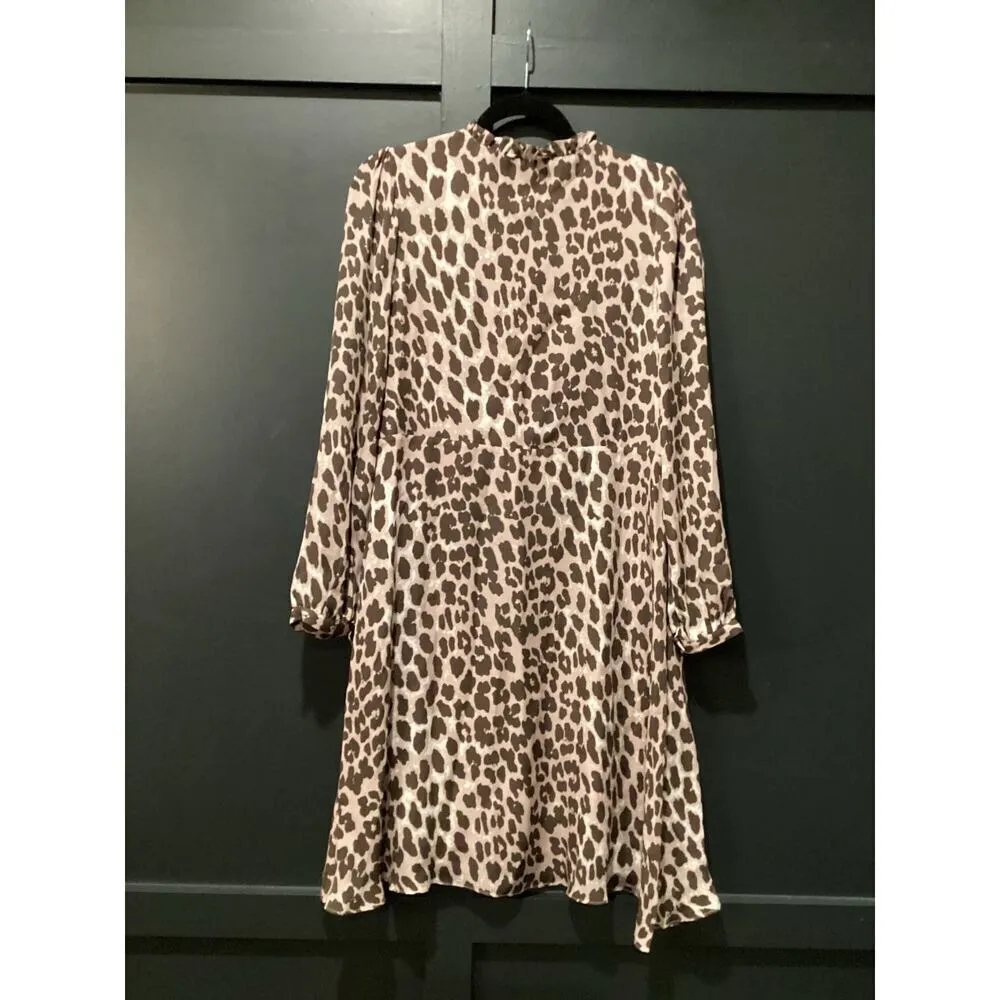 Elaine Turner Leopard Long Sleeve tunic Swing knee length silk Dress V Neck S - Image 2